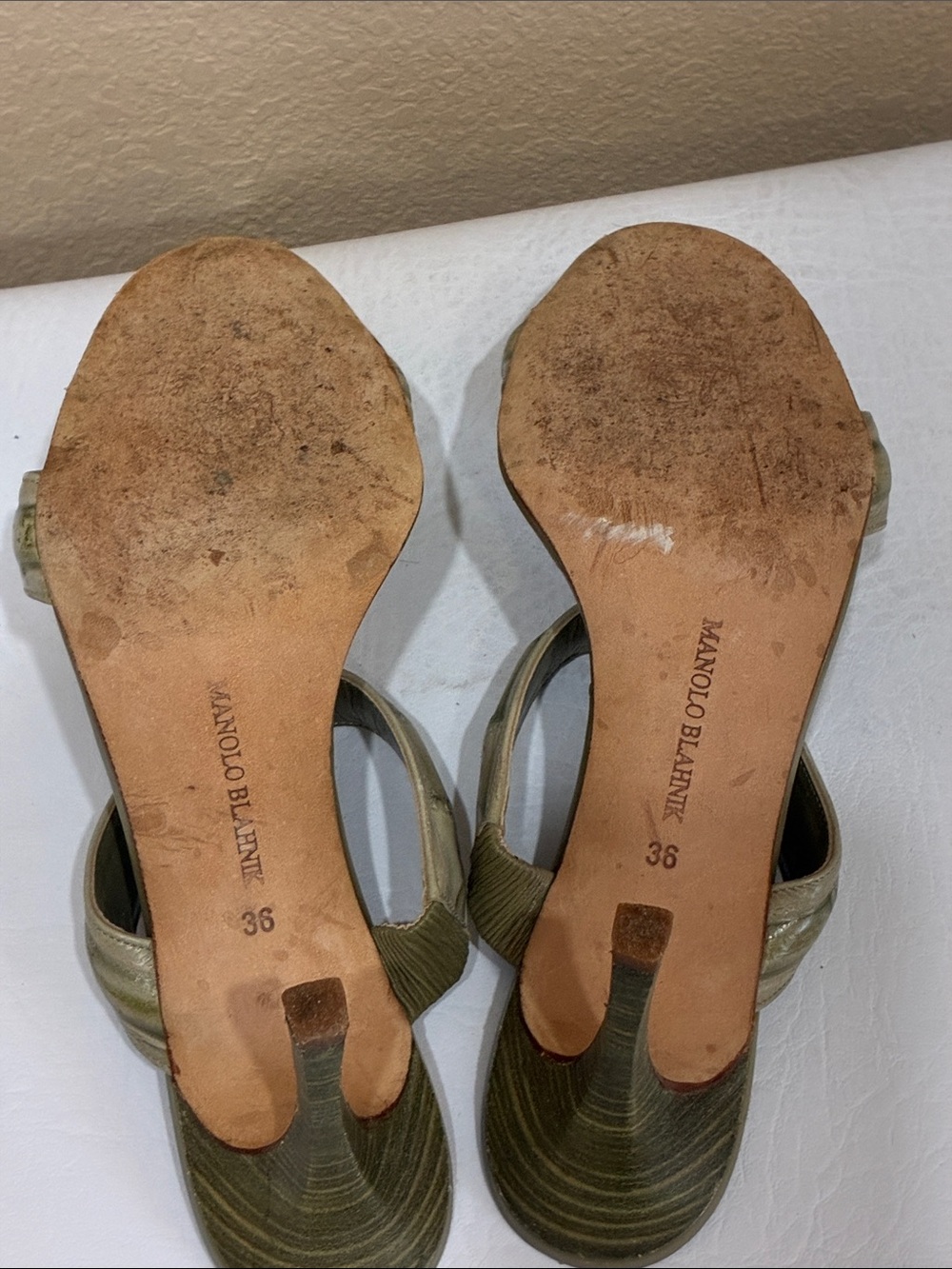 Manolo Blahnik Olive Green Slide Sandals with Camo Insole - Picture 8 of 9